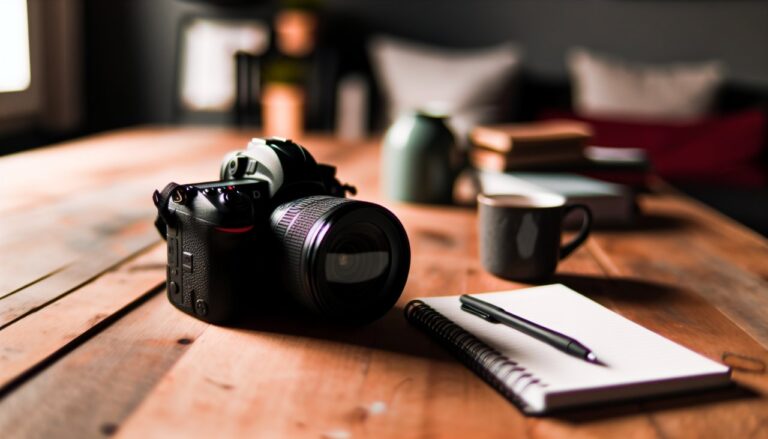 Un appareil photo reflex posé sur une table en bois aux côtés d'un carnet et d'un stylo.
