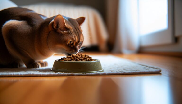 Un chat en train de manger des croquettes de haute qualité dans une gamelle.