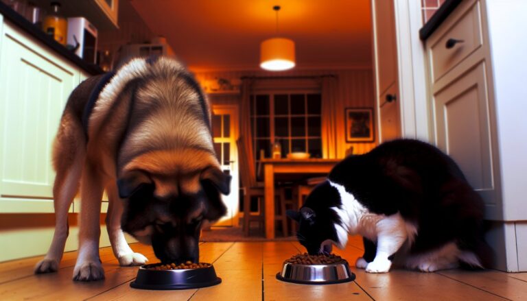 Un chien et un chat en train de manger dans leurs gamelles respectives, remplis de nourriture saine et équilibrée.