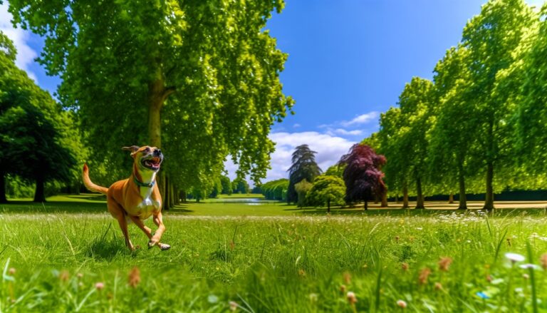 Un chien joyeux en train de courir dans un parc verdoyant.