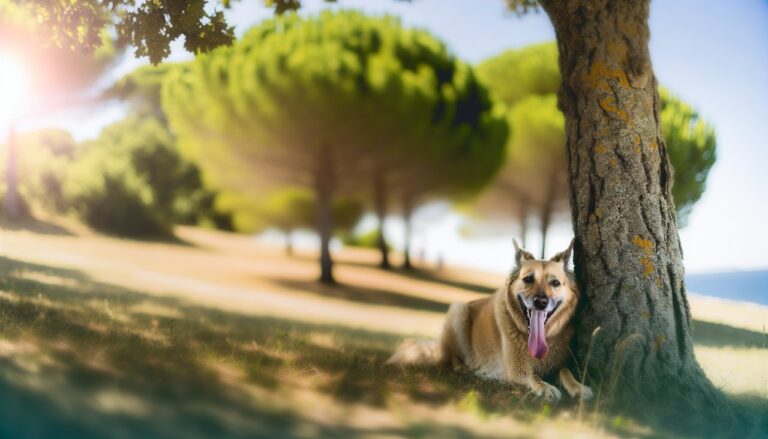 Un chien se rafraîchissant à l'ombre d'un arbre par une chaude journée d'été.