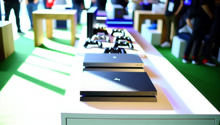 Plusieurs consoles de jeux de dernière génération alignées sur une table.