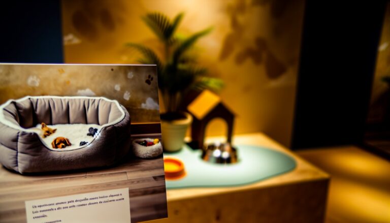 Un espace douillet avec un lit pour animal de compagnie, des jouets et une gamelle d'eau.