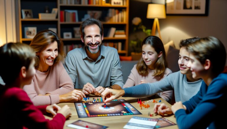 Une famille assise autour d'une table, en train de jouer à un jeu de société moderne.