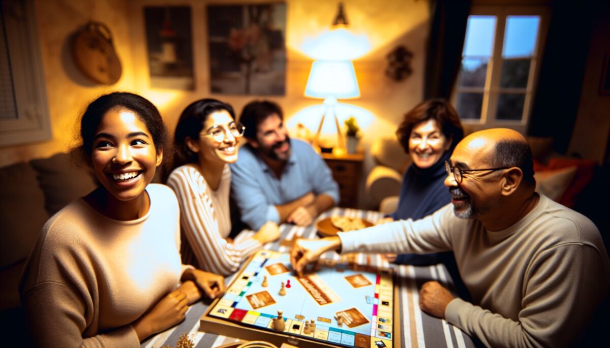 Une famille souriante assise autour d'une table en train de jouer à un jeu de société.