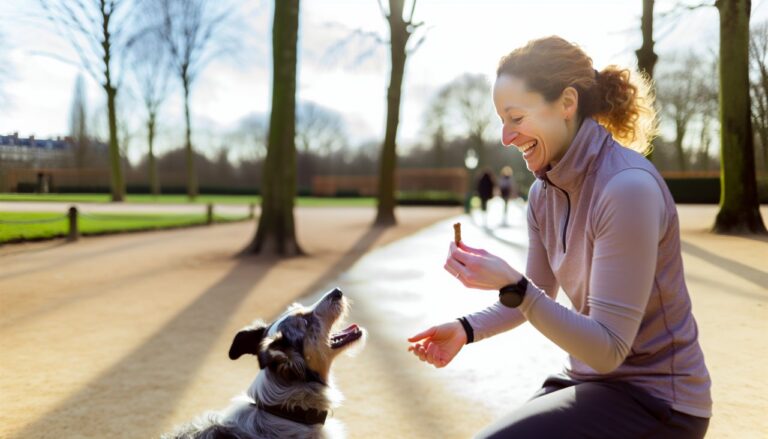 Une femme souriante en train de donner une friandise à son chien en signe de récompense après un exercice réussi.