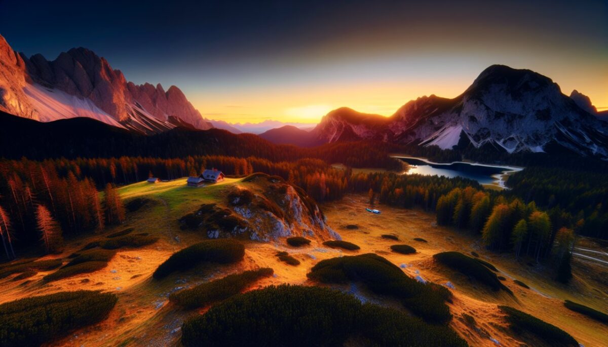 Un paysage magnifique d'une destination populaire pour les escapades de week-end, comme une cabane cosy en montagne ou une plage tranquille au coucher du soleil.