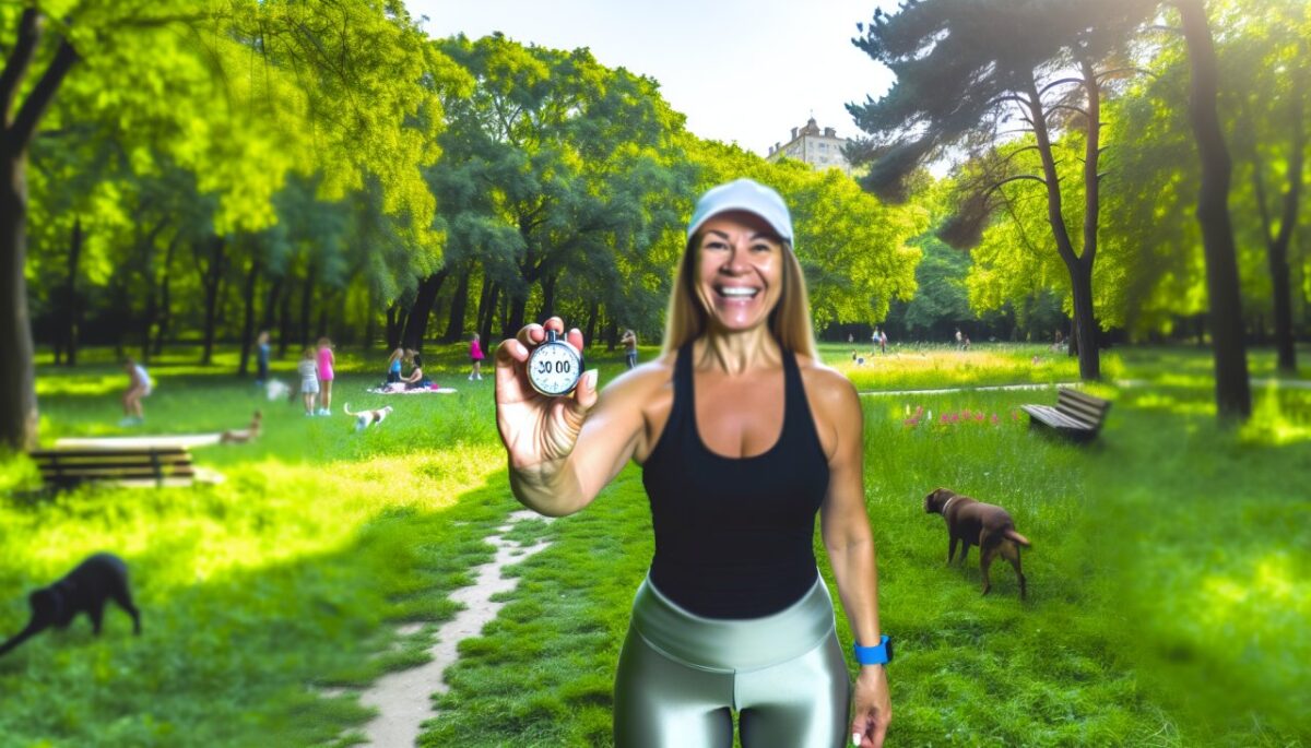 Une personne marchant joyeusement dans un parc verdoyant avec un chronomètre à la main indiquant 30 minutes.