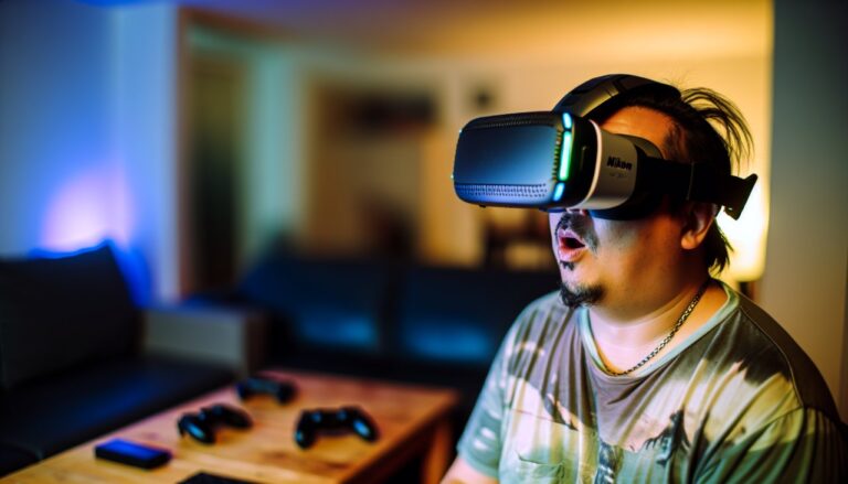 Une personne portant un casque de réalité virtuelle et semblant émerveillée par ce qu'elle voit.