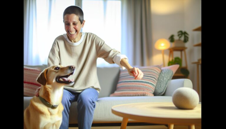 Une personne souriante en train de caresser un chien.