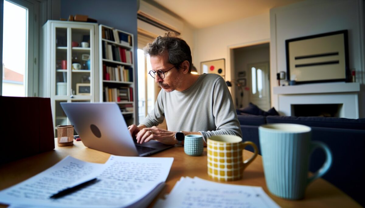 Une personne travaillant à domicile, assise à son bureau avec un ordinateur portable, entourée de notes et de tasses de café.
