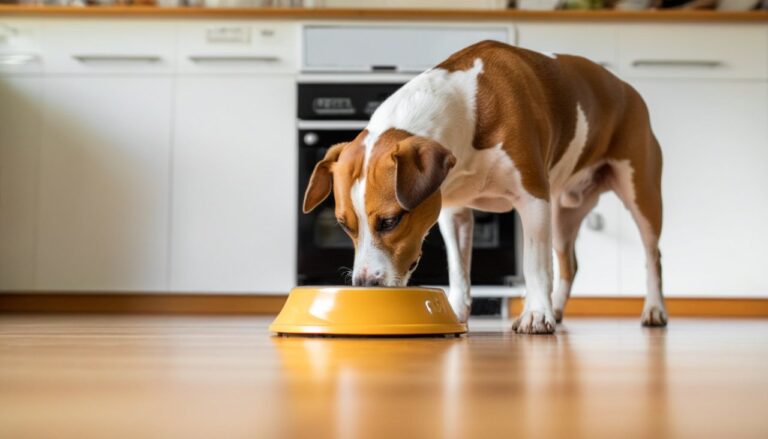 un chien entrain de manger dans sa gamelle